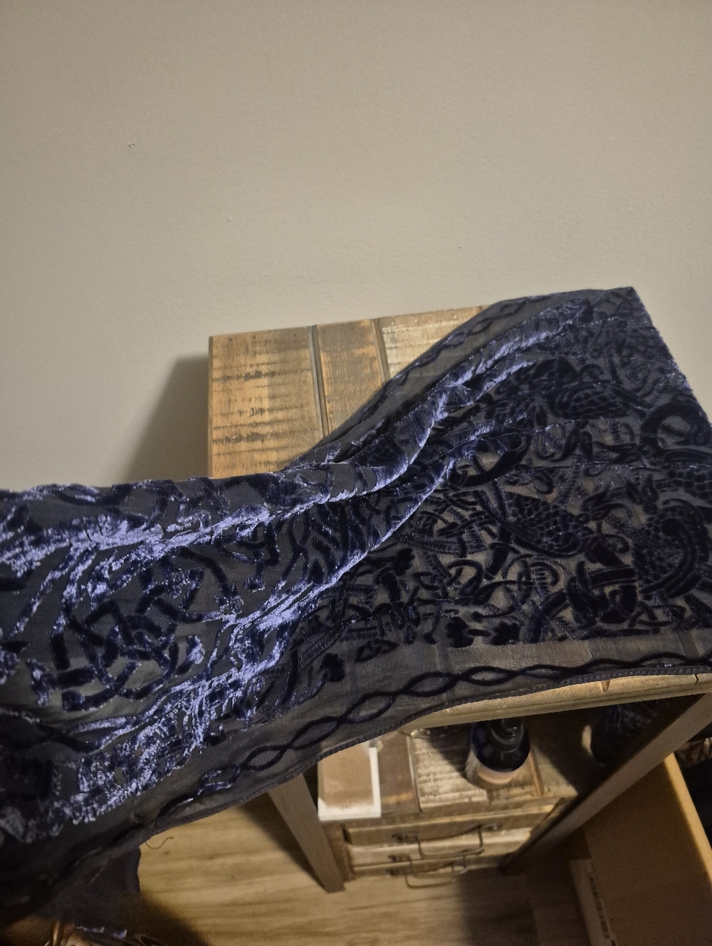 Celtic Knotwork Blue Velvet Burnout Scarf  Wrap Or Altar Cloth Vintage